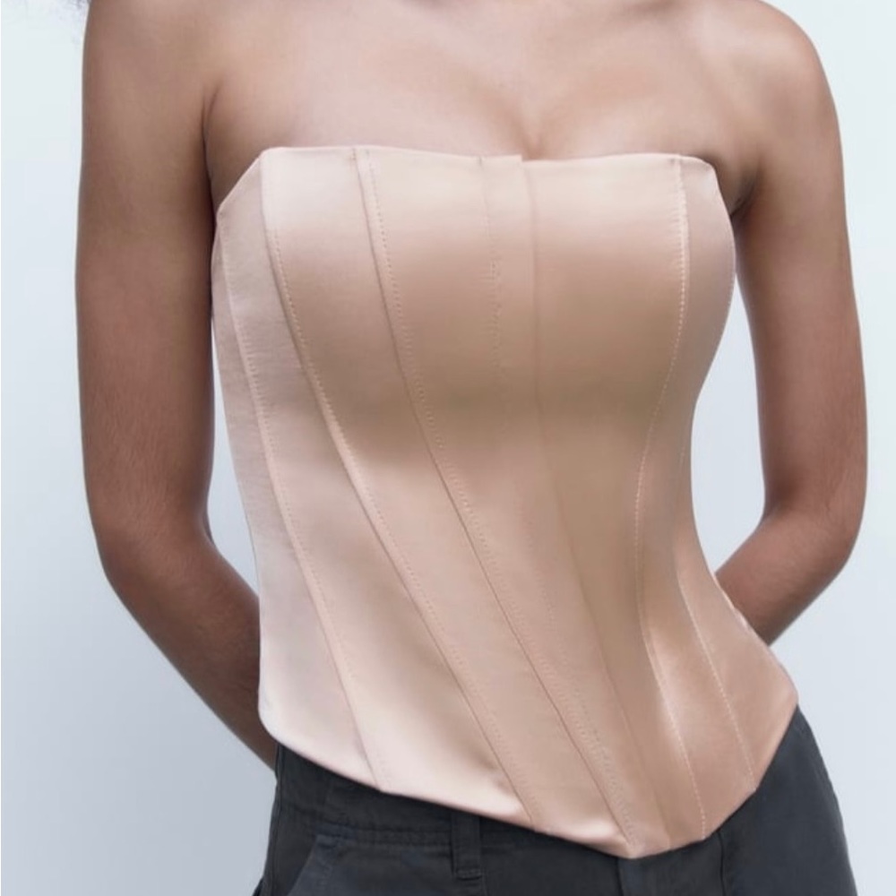 NWT ZARA Satin Effect Corset Bustier Top ~ Sz XS ~ Beige Pink